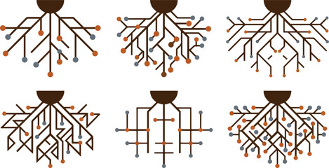 Abstract network branching system with colored nodes and lines on transparent background. © Vectorar M A