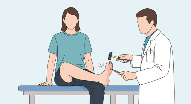 Doctor performs reflex test on patient's foot with reflex hammer, medical examination