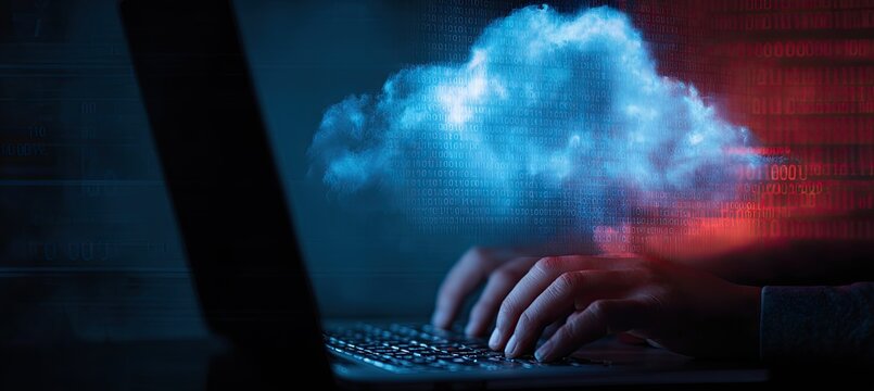 Hands typing on a laptop with a luminous digital cloud and binary code background