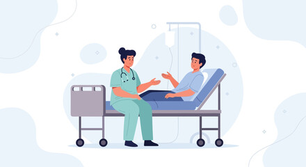 Fototapeta premium Nurse Talking to Patient in Hospital Bed with IV Drip