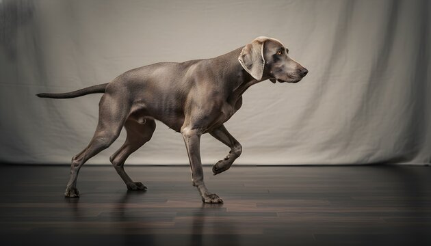 Professional studio portrait of a silver weimaraner in a hunting pose, demonstrating natural instinct and alertness for animal training concept on dark floor