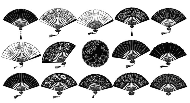 Comprehensive collection of traditional Japanese hand fans with various floral, nature, and cultural patterns in black and white.