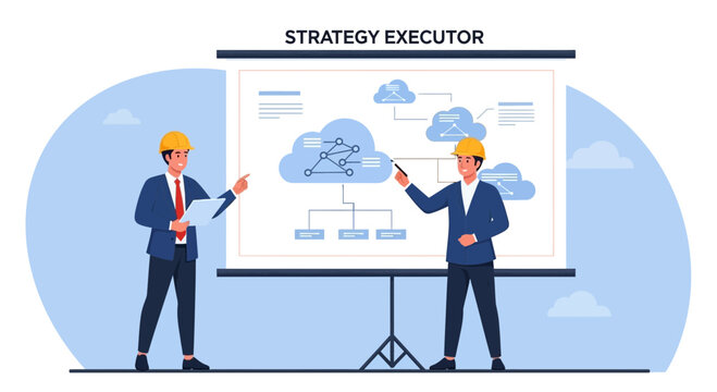 Team presents strategy plan on projector screen with cloud diagram