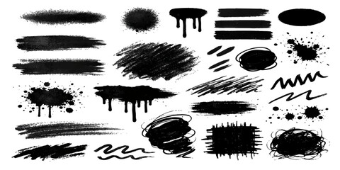 Set of black ink splashes and grunge stains featuring vector paint drips and urban texture elements for an artistic silhouette frame design © MdKefaitUllah