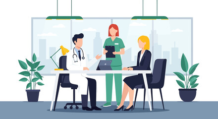Fototapeta premium Medical Team Meeting: Doctor, Nurse, and Patient Discussing Treatment Plan in Modern Office