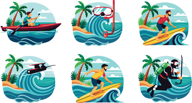 People surfing and boating on waves with palm trees in a tropical coastal scene