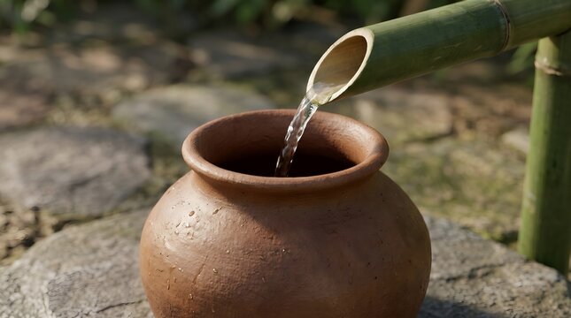Water flows from bamboo pipe into clay pot on stone