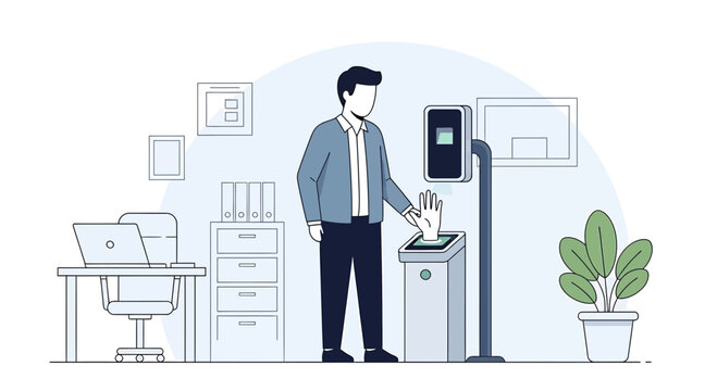 Man using biometric scanner for office entry, modern technology for security and access control
