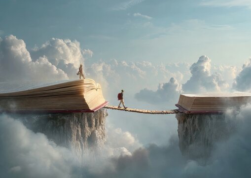 Two figures traverse a bridge made of wood between two giant, open books in clouds