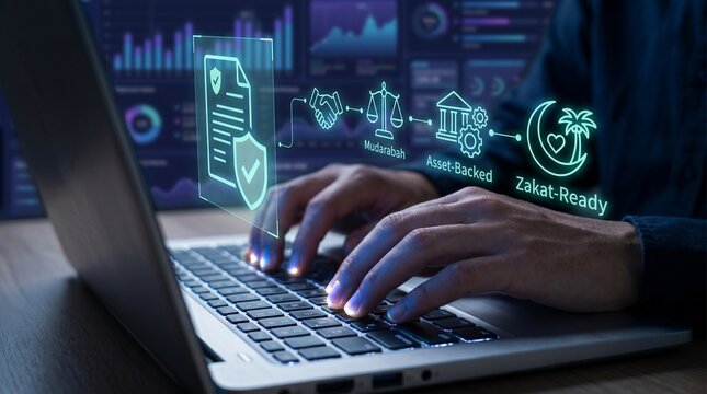 Islamic Finance Smart Contract Hologram on Laptop