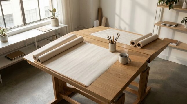monday morning pictures of a bright creative studio table with blank paper rolls, brushes in cup, ceramic mug, wooden drafting desk, potted plants, clean sunlight, and calm design planning atmosphere
