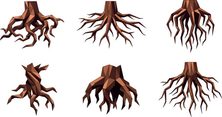 Set of six abstract brown tree roots or stumps in various geometric and organic styles. © Vectorar M A