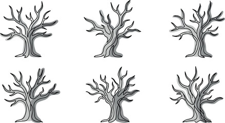 Set of six abstract white tree silhouettes with gnarled branches on transparent background. © Vectorar M A