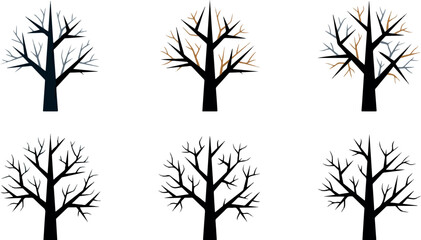 Set of six leafless cartoon trees in various styles and colors for autumn or winter landscapes. © Vectorar M A