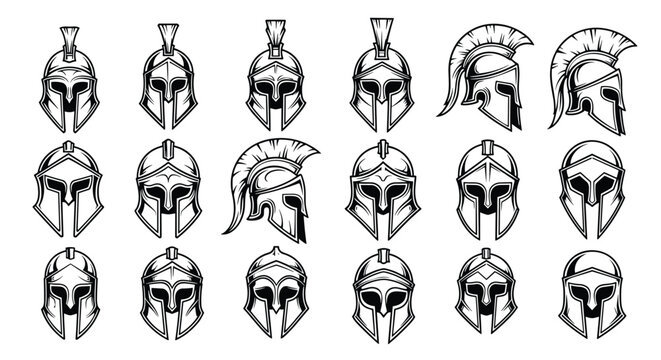 Collection of ancient Spartan and Greek helmet designs presented in a detailed black ink sketch format for historical context.