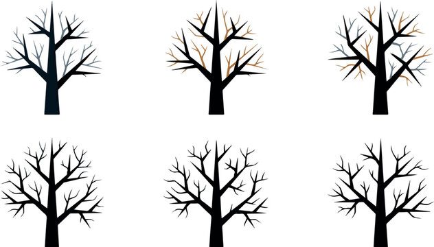 Set of six leafless cartoon trees in various styles and colors for autumn or winter landscapes.