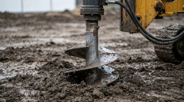 Excavator auger drilling into muddy ground at construction site. Heavy machinery boring deep hole for foundation work
