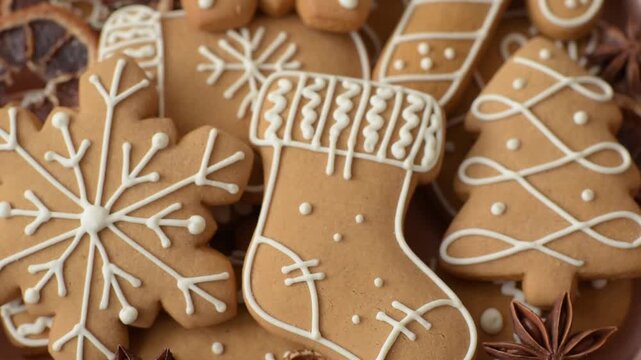Christmas gingerbread, sweets and cookies for the festive table. Christmas gingerbread as a food background for your design