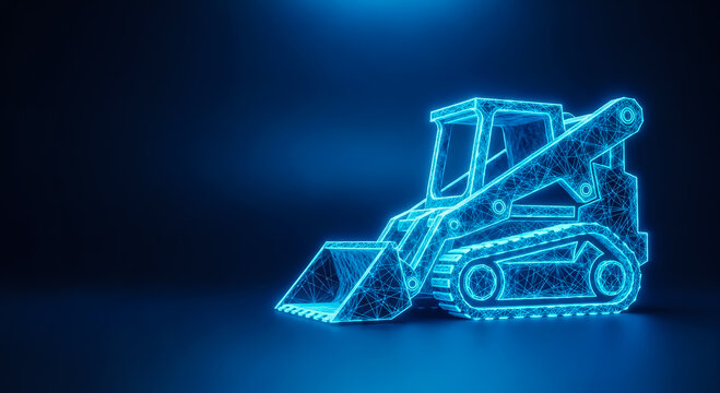 A modern, neon-glowing skid steer loader rendered in blue, showcasing construction equipment in a high-tech style.