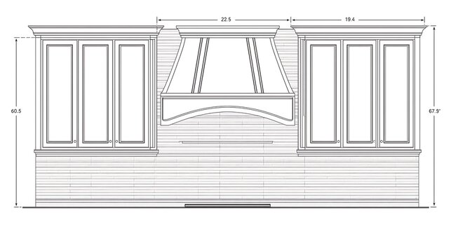 Detailed architectural drawing of a decorative wall unit with cabinets and measurements provided for construction purposes isolated on white background