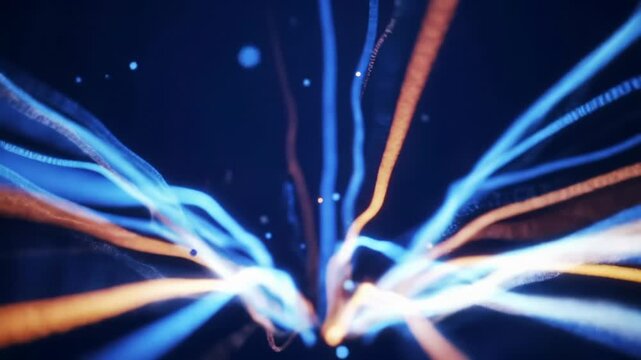 abstract cgi video with glowing sapphire blue and vibrant orange data streams fanning upwards against a deep dark blue void, featuring subtle push-in camera movement emphasizing infinite depth and
