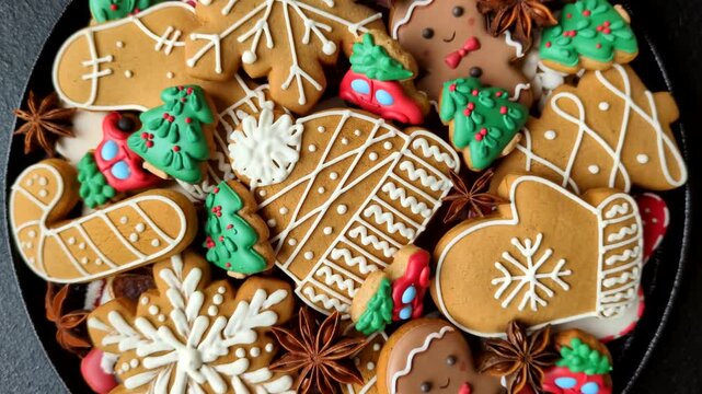 Christmas gingerbread, sweets and cookies for the festive table. Christmas gingerbread as a food background for your design