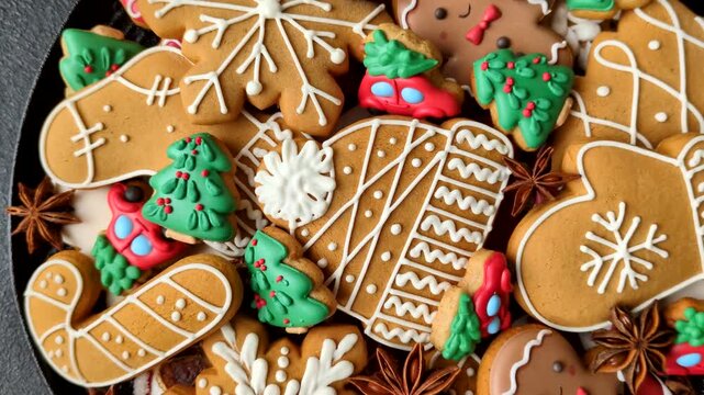 Christmas gingerbread, sweets and cookies for the festive table. Christmas gingerbread as a food background for your design