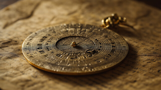 astrolabe. Ancient brass astrolabe resting on aged parchment with warm golden lighting. event programs, museum guides, designed for cultural heritage projects and event programs.