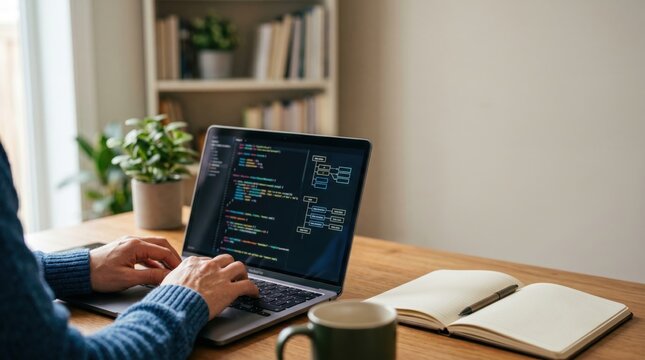 closeup of man hands typing code on laptop screen in modern home office with notebook and coffee software developer working remotely at desk technology and education concept