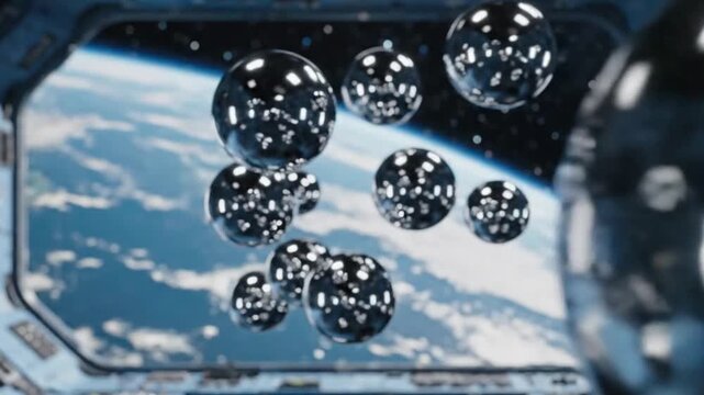 Futuristic Space Pods Orbiting Earth from Spaceship Window, Sci-Fi