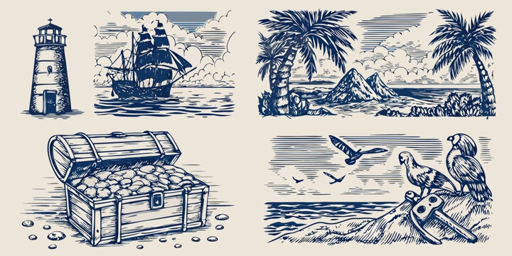 Vintage pirate themed illustrations with lighthouse ship treasure and parrot