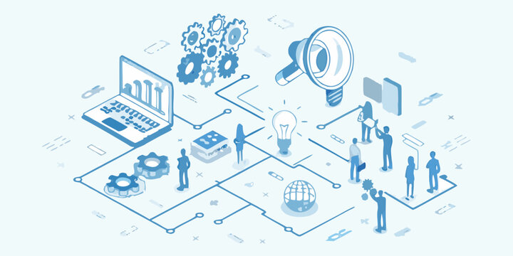 Isometric illustration of technology and teamwork with blue tones
