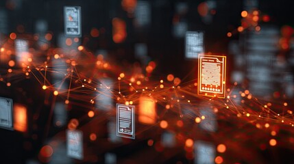 Digital data files linked by a glowing orange network