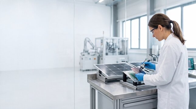 Female technician inspecting photovoltaic solar panels quality control in clean manufacturing lab renewable energy technology production line engineering science worker with