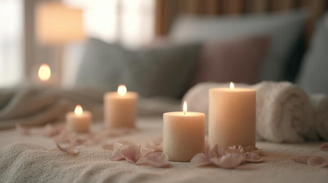 Four white candles on a bed with rose petals scattered around them. the candles are lit, creating a warm and cozy atmosphere.