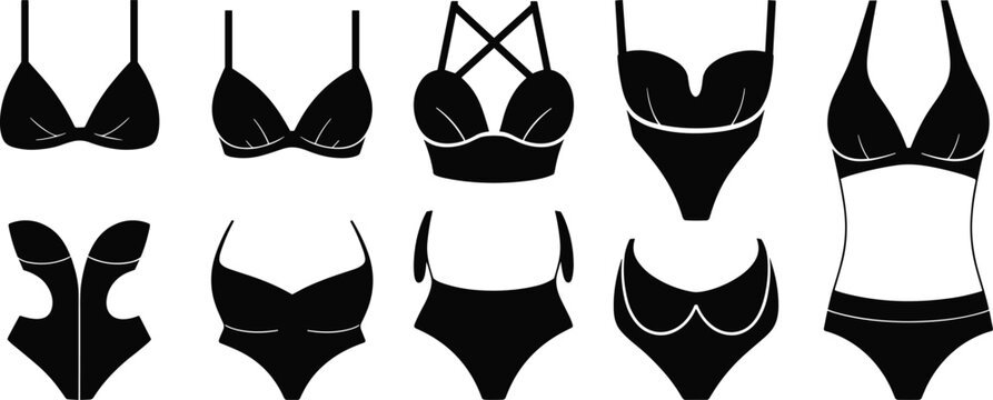 Women Swimwear and Bikini Silhouette Set for Fashion Apparel Beachwear and Lingerie Design Collection