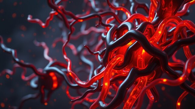 Intricate red network glows against dark background. Complex structure suggests biological or digital origin. Abstract, futuristic visuals dominate scene.