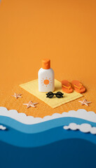 Naklejka premium Miniature beach scene with sunscreen, sunglasses, and flip-flops on sand and waves, symbolizing summer vacation and sun protection