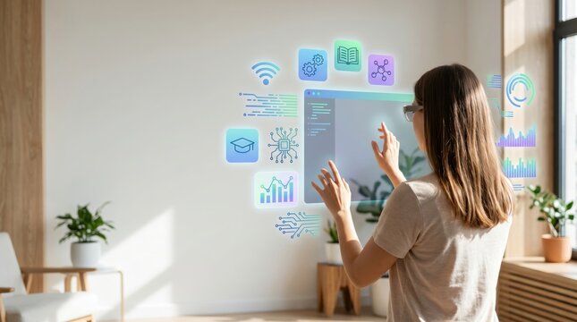 Businesswoman interacting with holographic interface future technology smart office augmented reality ui data analysis dashboard modern workspace education ai software coding