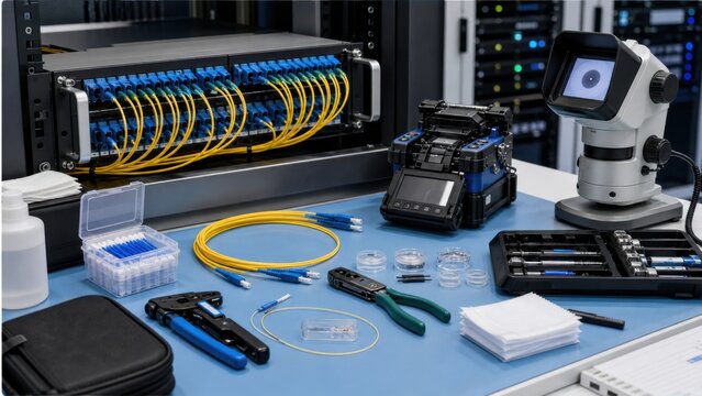 Tools and equipment on a workbench used for fiber optic installation in a server room with network racks in the background