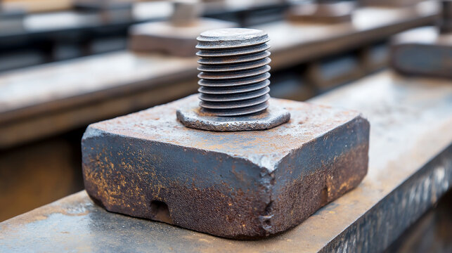 Close up view of a large rusted metal screw and square base plate on an industrial rail or bridge structure representing heavy engineering and aging infrastructure details