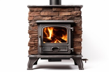 Obraz premium Wood burning stove warming a room with visible flames behind glass