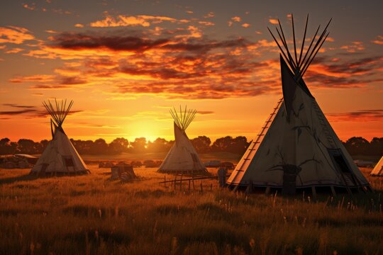 Tipis stand in golden tallgrass under a vibrant orange and red sunset sky