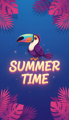 Naklejka premium A cartoon toucan perched amongst vibrant tropical leaves with glowing text, representing summer and tropical vibes, perfect for holiday promotions or design elements.
