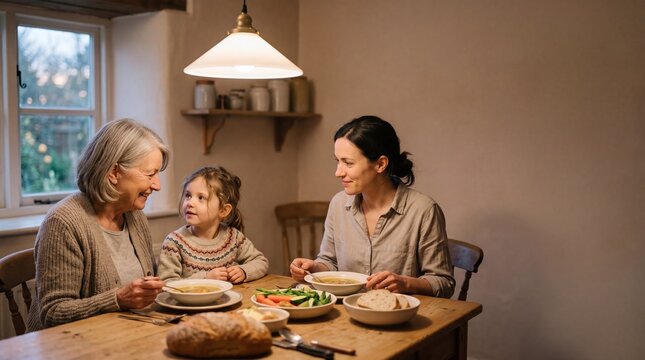 Happy three generations family having lunch together at home in cozy dining room grandmother mother and little girl eating soup bread and vegetables on table with window background