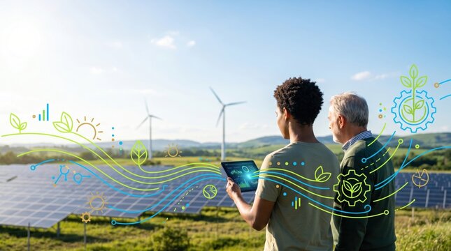 Experts analyze renewable energy sustainability future power generation with wind turbines and solar panels in field