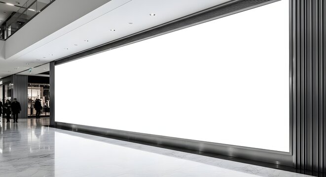 A large blank white billboard display in a modern shopping mall or commercial building with a polished floor.