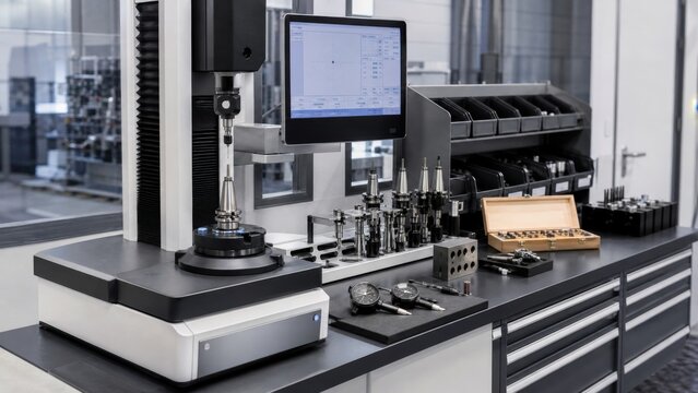 Tools and equipment are arranged on a workbench in a modern workshop with a computer and various measuring instruments used for precision tasks