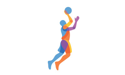 Colorful abstract silhouette of a basketball player jumping for a slam dunk with vibrant overlapping geometric shapes on a white background. © Farhana