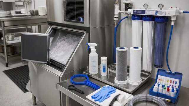 Ice machine with filtration system and cleaning supplies in commercial kitchen setting for food service